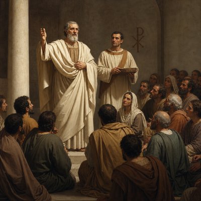 early church congregation with presbyter and deacon