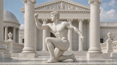 a statue of a man kneeling in front of a building