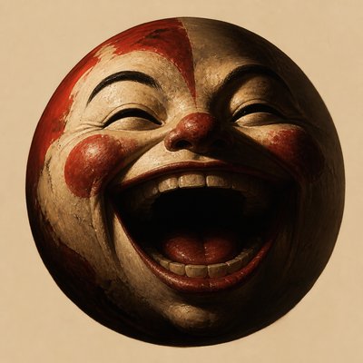 an exaggerated laughing face of an original round mascot character, bold and readable at small size, plain background, no text