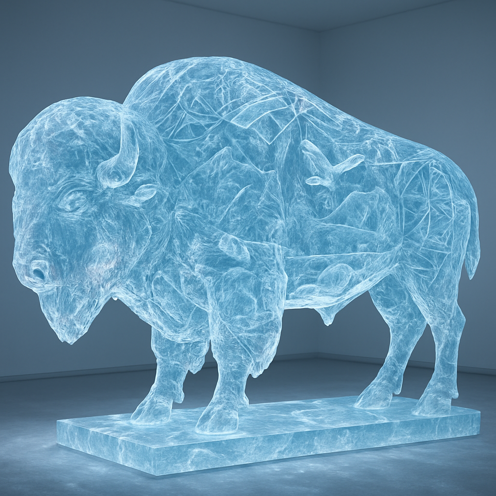     A breathtaking, full-size artistic sculpture of a standing buffalo, rendered entirely in the style of intricate, luminous glass art, reminiscent of the painted buffalo installations found in West Yellowstone. The Buffalo is standing in the nature of Yellowstone National Park. The buffalo's form is composed of countless individual pieces of vibrant, multifaceted stained glass or fused glass, meticulously cut, arranged, and joined, creating a cohesive and majestic shape.

    Instead of traditional paint, the entire surface of this glass buffalo is adorned with various miniature, finely detailed scenes and patterns etched, painted, or embedded within the glass itself, or created by the unique coloration and texture of the glass pieces. These scenes could depict:

        Western landscapes: Yellowstone's geysers, mountain ranges, pine forests, rivers.

        Wildlife: Elk, bears, wolves, eagles (in glass).

        Native American art motifs: Geometric patterns, symbols, and figures (also rendered in glass).

        Historical moments: Subtle nods to early explorers or iconic figures (stylized in glass).

    The buffalo's interior is subtly illuminated, causing the entire sculpture to glow from within. Light catches every facet of the glass, creating a dazzling play of refracted colors and intricate shadows on the ground around it. The background is a clean, modern art gallery setting with soft, focused lighting, allowing the buffalo to be the sole, radiant centerpiece. The atmosphere is one of awe, wonder, and appreciation for artistic craftsmanship and the spirit of the American West, reimagined through a unique, luminous medium. The artistic style is hyper-realistic, emphasizing the detailed texture, transparency, and brilliant light play inherent in glass art."