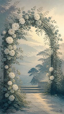 an arch of white roses and eucalyptus in soft morning light, elegant vertical composition with open space, no text