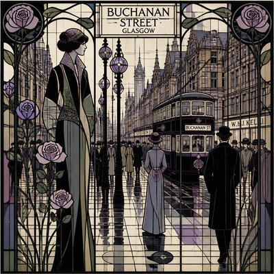 urban street with city activity — Glasgow Style Art Nouveau