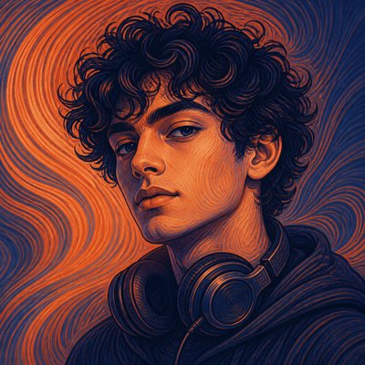 head-and-shoulders portrait of an original character: a young man with curly dark hair and headphones around his neck, plain backdrop, no text