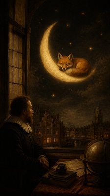 a sleeping baby fox curled on a crescent moon among soft stars, gentle and warm, no text