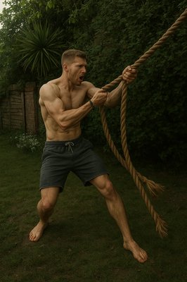 a shirtless man holding a rope in a yard