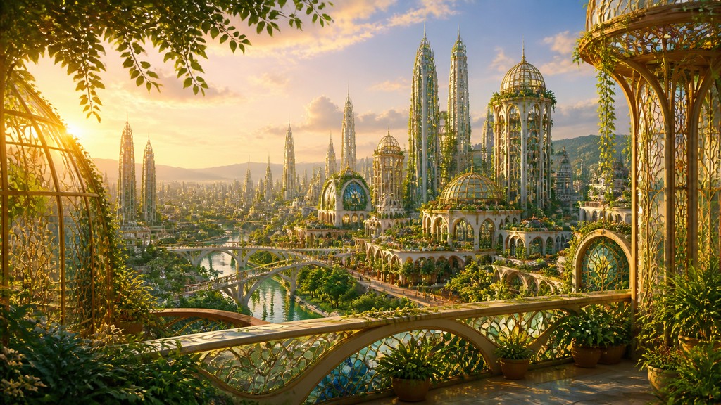 a city skyline panorama at dusk with glowing windows, no people
