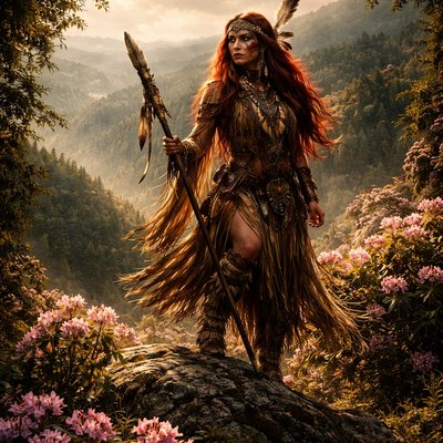 express a lady Native American warrior of the native area of Roan Mountain Tennessee with long red hair on the upper peaks of Roan Mountain during the Rhododendron Festival. The warrior wears traditional Cherokee warfare apparel. This is upon the top of a mountain covered in rhododendrons.