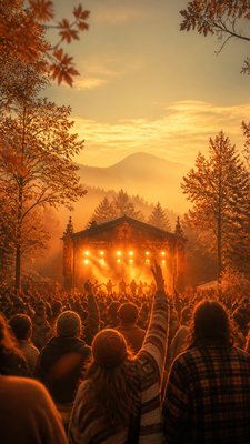 a live music scene with a glowing stage and silhouetted crowd, energetic vertical composition with open space at the top, no text