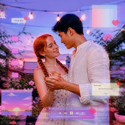 an original couple dancing under string lights in a garden at dusk: a man with short black hair in a linen shirt and a woman with braided red hair in a summer dress