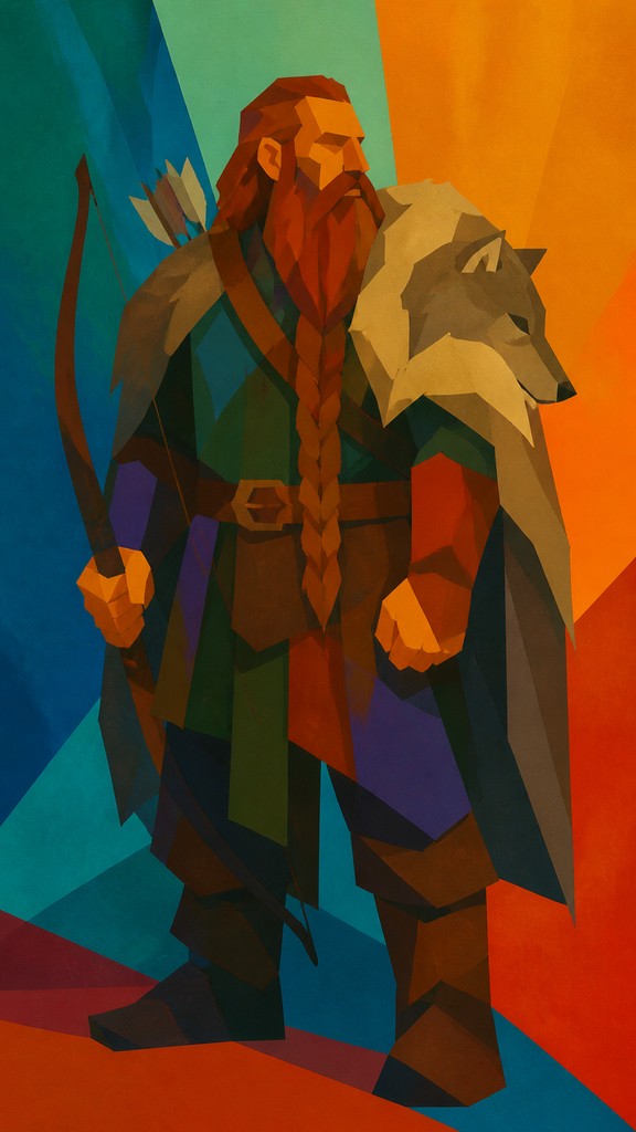full-body original character: a dwarven ranger with a braided auburn beard, worn leather armor, a longbow and a wolf-pelt cloak, neutral background, no text