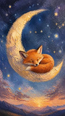 a sleeping baby fox curled on a crescent moon among soft stars, gentle and warm, no text