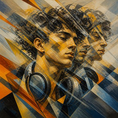 head-and-shoulders portrait of an original character: a young man with curly dark hair and headphones around his neck, plain backdrop, no text