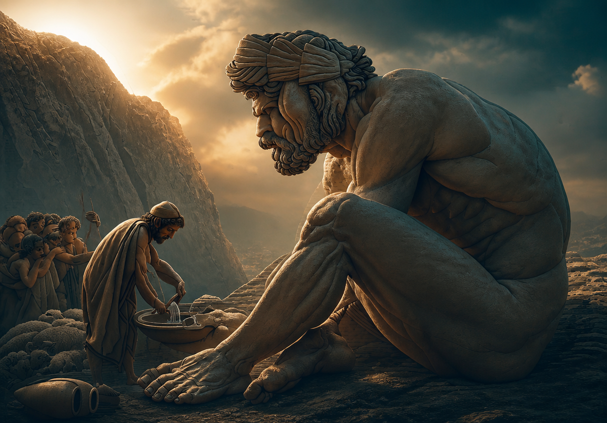 a painting of a man sitting on the ground next to a mountain