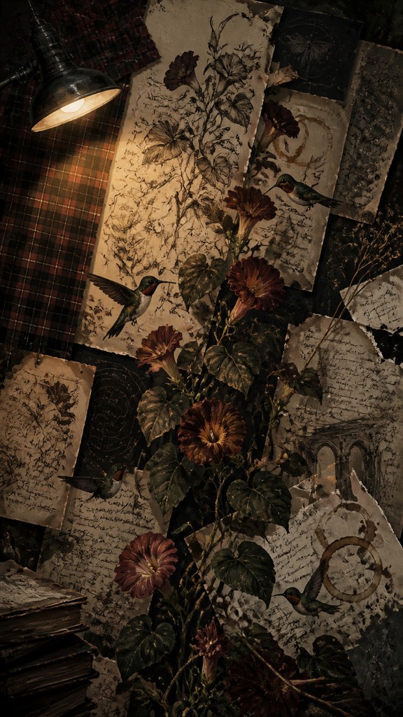 a climbing vine of flowers and hummingbirds on a dark background, tall wrapping composition, no text