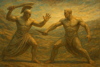 a painting of two men fighting with each other