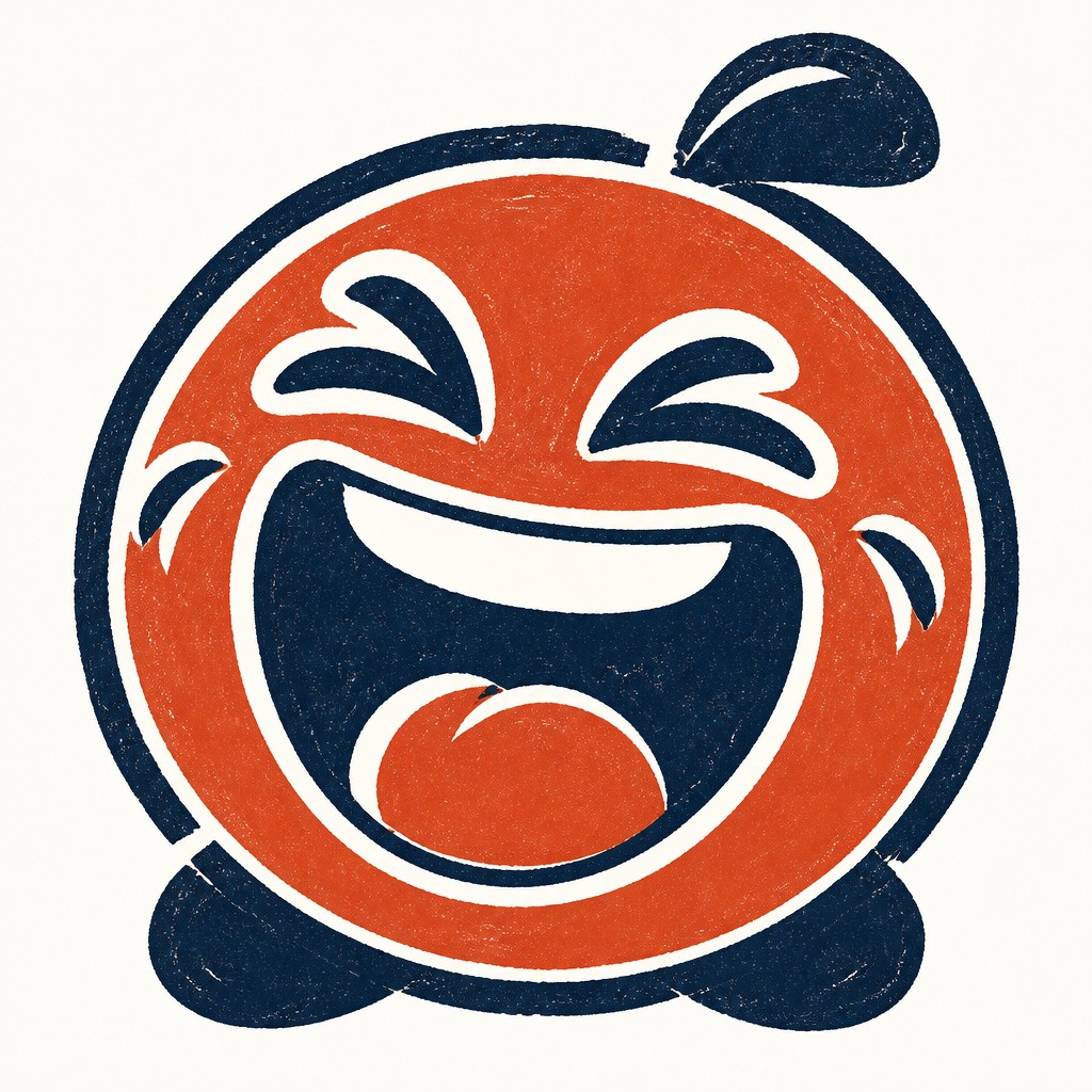 an exaggerated laughing face of an original round mascot character, bold and readable at small size, plain background, no text