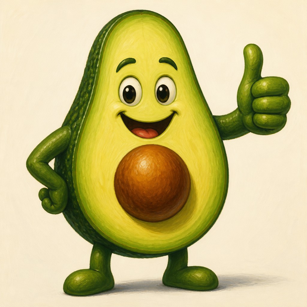 a happy avocado character giving a thumbs up, bold readable design on a plain background, no text