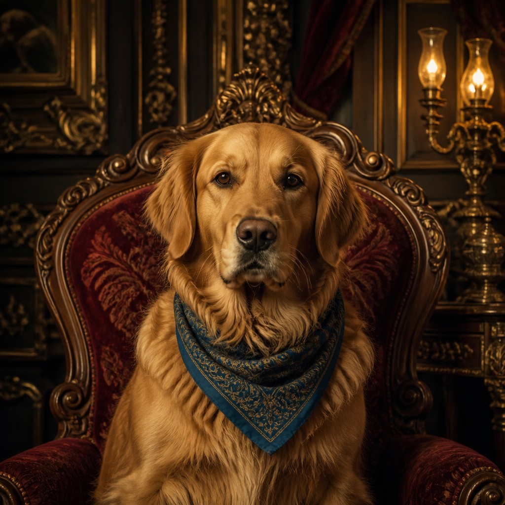 portrait of a golden retriever wearing a blue bandana, warm plain backdrop, no text