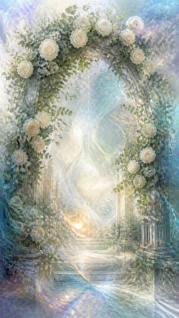 an arch of white roses and eucalyptus in soft morning light, elegant vertical composition with open space, no text