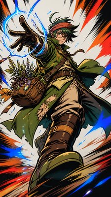 full-body original character: a wandering botanist with a satchel of plants, a patched green cloak, tall boots and round glasses, neutral background