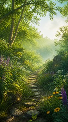 a mysterious forest path with fireflies and drifting mist, atmospheric vertical composition with open space at the top, no text