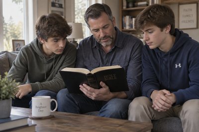 dad and his two teenage sons reading the Bible together
