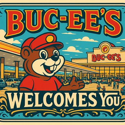 Generate a vibrant, wide-angle image capturing the overwhelming scale and festive atmosphere of a Buc-ee's travel center during peak daylight hours. The central focus should be the massive, iconic Buc-ee the Beaver mascot statue at the entrance, welcoming visitors. Show the enormous, brightly lit gas station canopy stretching across dozens of pumps, with a continuous flow of cars and trucks. In the background, feature the distinctive red-roofed store building with its huge signage. Include details that convey the bustling energy: families walking in, people filling up their tanks, and the overall sense of a colossal, well-organized 'roadside attraction.' The image should highlight its cleanliness, vastness, and the unique, almost surreal experience of stopping at a Buc-ee's.