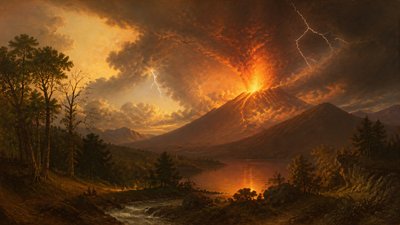 an erupting volcano with lightning strikes, dramatic wide composition, no text