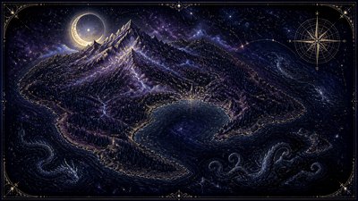 a map of an island realm with mountains, forests, a sheltered bay, sea monsters in the water and a compass rose, no text labels