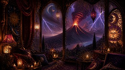 an erupting volcano with lightning strikes, dramatic wide composition, no text