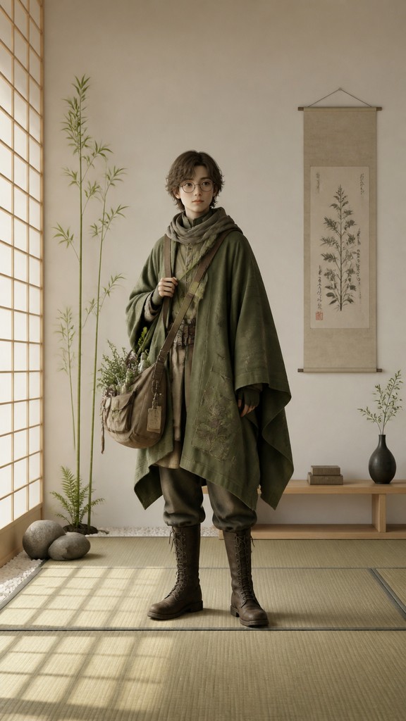 full-body original character: a wandering botanist with a satchel of plants, a patched green cloak, tall boots and round glasses, neutral background
