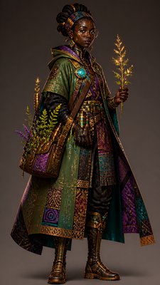 full-body original character: a wandering botanist with a satchel of plants, a patched green cloak, tall boots and round glasses, neutral background