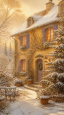 a snow-covered cottage with warm glowing windows beside a decorated pine tree, gentle snowfall, no text