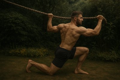 a shirtless man holding a rope in front of his face