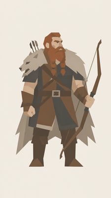 full-body original character: a dwarven ranger with a braided auburn beard, worn leather armor, a longbow and a wolf-pelt cloak, neutral background, no text