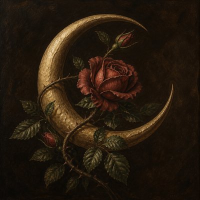 a rose entwined with a crescent moon, clean balanced composition on a plain background, no text