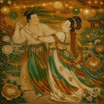 an original couple dancing under string lights in a garden at dusk: a man with short black hair in a linen shirt and a woman with braided red hair in a summer dress