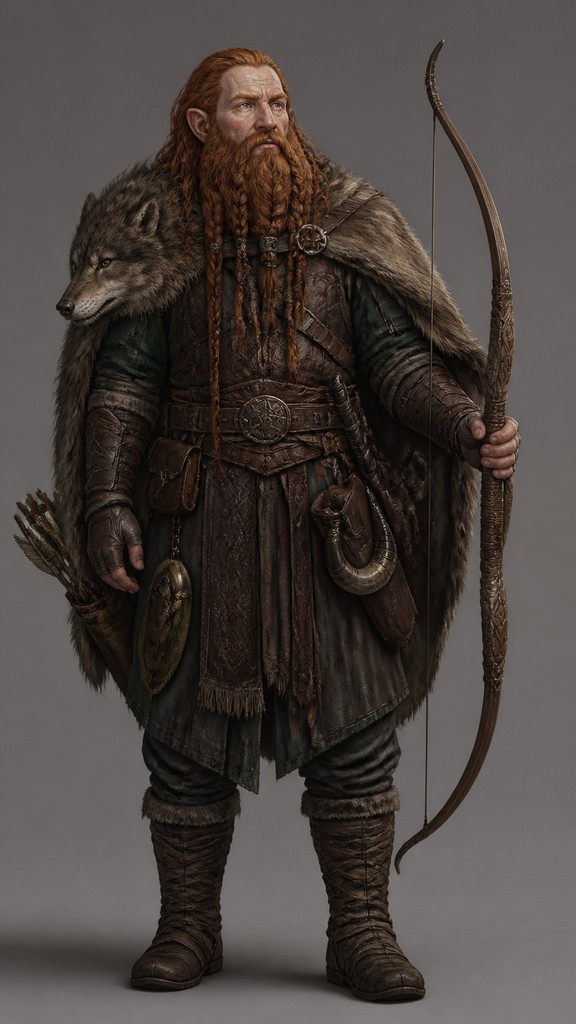 full-body original character: a dwarven ranger with a braided auburn beard, worn leather armor, a longbow and a wolf-pelt cloak, neutral background, no text