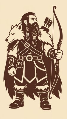 full-body original character: a dwarven ranger with a braided auburn beard, worn leather armor, a longbow and a wolf-pelt cloak, neutral background, no text
