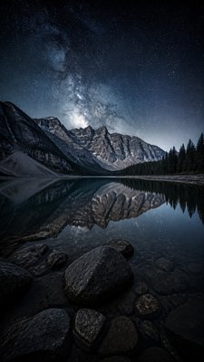 a tranquil mountain lake beneath a starry night sky, no people, no text