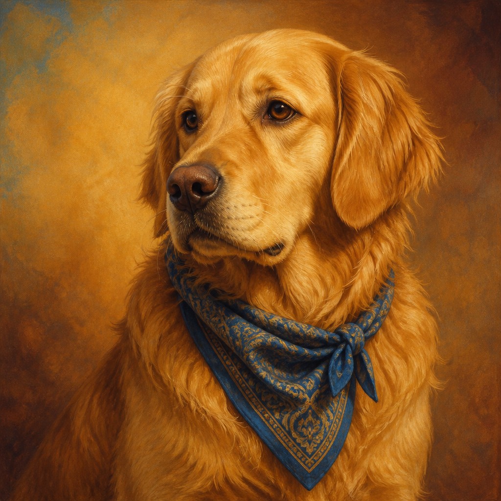 portrait of a golden retriever wearing a blue bandana, warm plain backdrop, no text