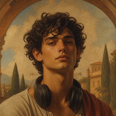 head-and-shoulders portrait of an original character: a young man with curly dark hair and headphones around his neck, plain backdrop, no text