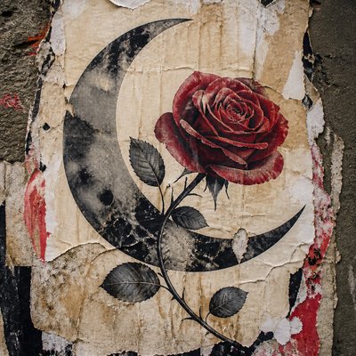 a rose entwined with a crescent moon, clean balanced composition on a plain background, no text