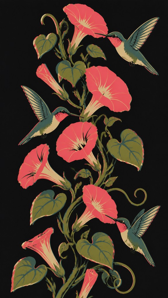 a climbing vine of flowers and hummingbirds on a dark background, tall wrapping composition, no text