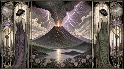 an erupting volcano with lightning strikes, dramatic wide composition, no text