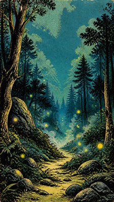a mysterious forest path with fireflies and drifting mist, atmospheric vertical composition with open space at the top, no text