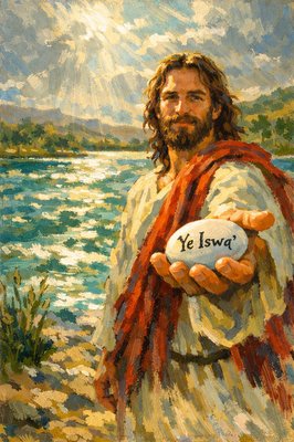 “Oh that my words were now written! oh that they were printed in a book! That they were graven with an iron pen and lead in the rock for ever! For I know that my redeemer liveth, and that he shall stand at the latter day upon the earth:” (Job 19:23-25, KJV) please depict this as Jesus holding out a polished white stone with "Ye Iswąˀ" written on it in Jesus palm as He stands by the Jordan river.
