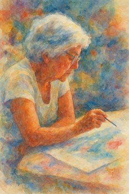 a watercolor painting of a woman writing