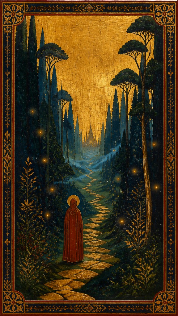 a mysterious forest path with fireflies and drifting mist, atmospheric vertical composition with open space at the top, no text