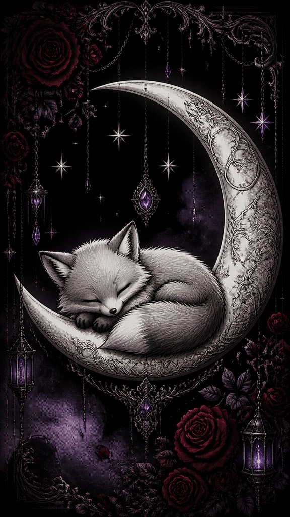 a sleeping baby fox curled on a crescent moon among soft stars, gentle and warm, no text